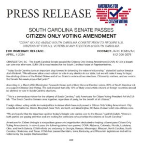 Press release for South Carolina Senate passing citizen only voting amendment