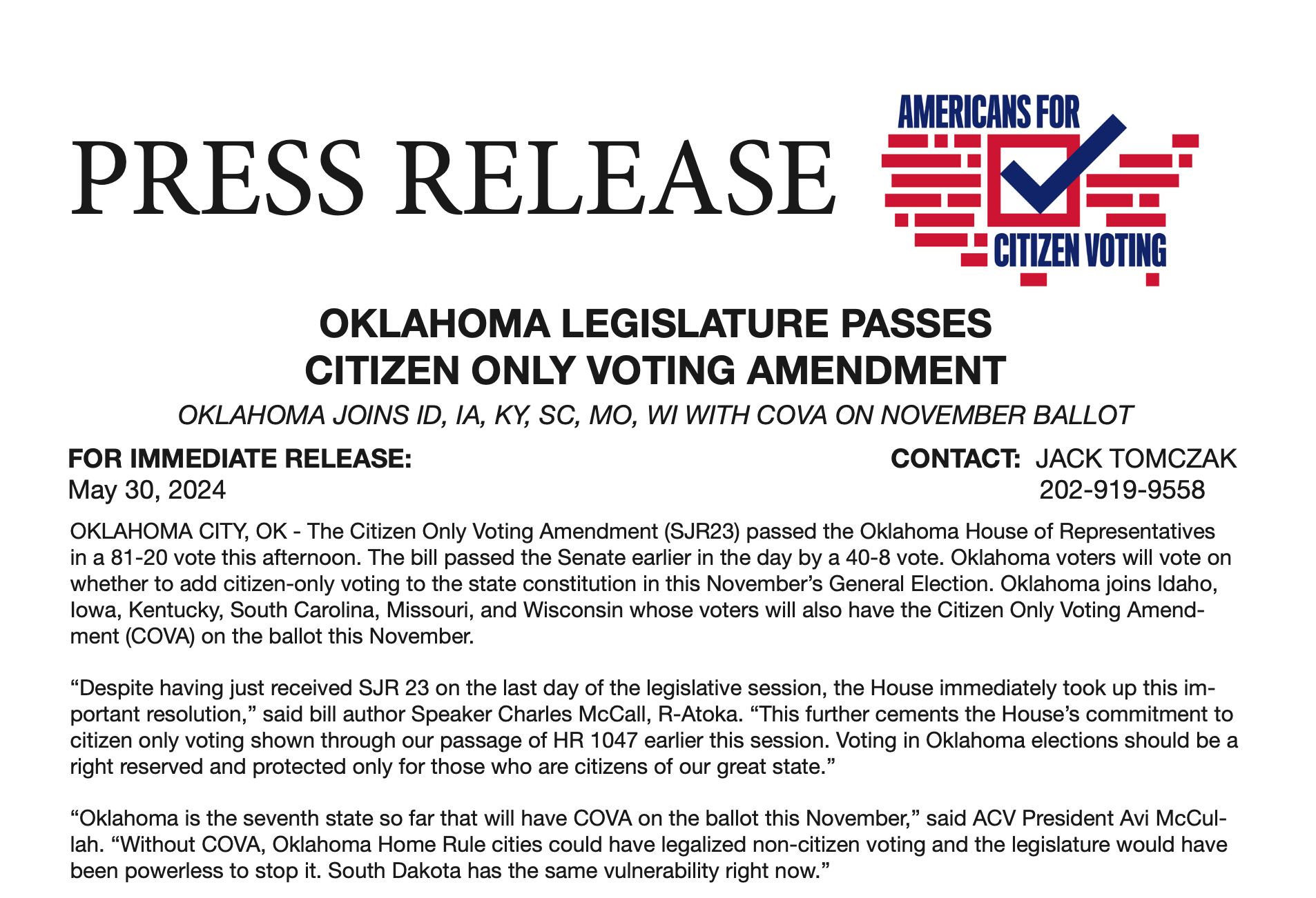 OKLAHOMA LEGISLATURE PASSES CITIZEN ONLY VOTING AMENDMENT · News ...